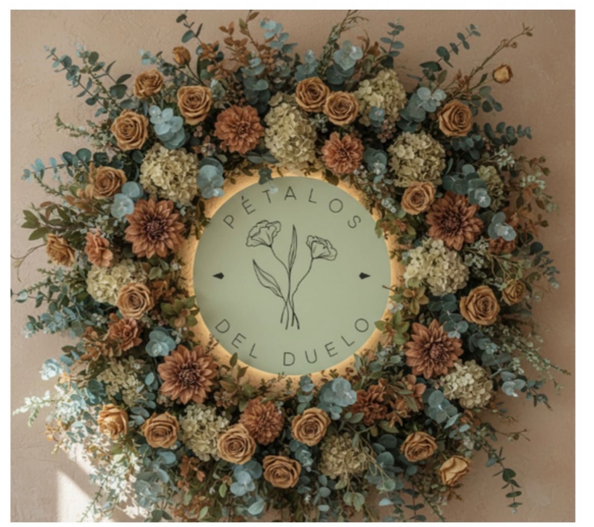 Corona floral con el logo de Pétalos del Duelo